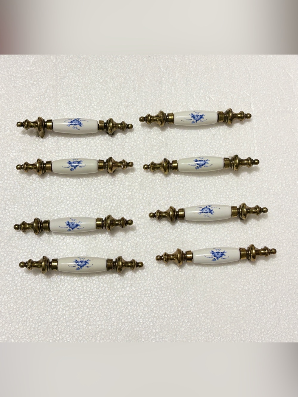 Vintage KBCO 8pc Set Blue Floral White Porcelain Brass Drawer Pulls 3in Center